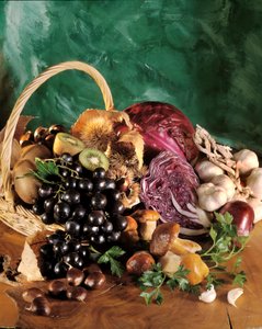 Dieta: martwa natura z czarnych winogron, czosnku, cebuli, ząbków czosnku, pietruszki, grzybów, kasztanów, kiwi i czerwonej kapusty. autorstwa William M. Timlin