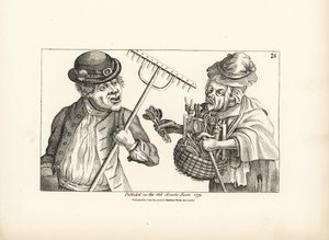 Pijany farmer Jones kupuje cały zapas drewnianych narzędzi od starej Nan o zezowatych oczach. Miedzioryt według satyrycznej ilustracji Timothy