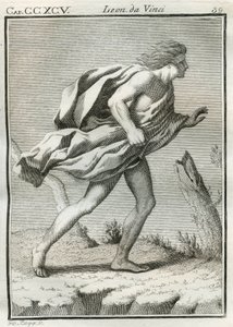 Etiuda mężczyzny idącego pod wiatr, w ubraniu i włosach potarganych przez podmuchy, z ciałem pochylonym do przodu. Grawer z „”Traktatu malarstwa”” Leonarda da Vinci (Leonard de Vinci) (1452-1519). „”Traktat o malarstwie Liona autorstwa Unbekannt