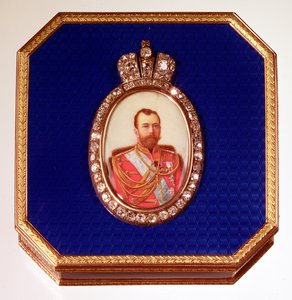 Niebieska emaliowana skrzynka Faberge z portretem cara Mikołaja II autorstwa Unbekannt