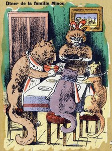 Rodzinny obiad miau. Ilustrowany alfabet. Obrazy ponownie zjednoczone w Jarville-Nancy na początku XX wieku. Wymiary: 40 x 29 cm. Litografia na bistrowym tle autorstwa Unbekannt