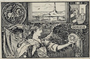 Pierwsza wojna światowa (1914-1918): włoska pocztówka patriotyczna z okazji przyłączenia Gorizii do Włoch autorstwa Unbekannter Künstler