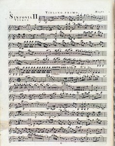 Pierwsza strona partytury na skrzypce w II Symfonii J Haydn autorstwa Unbekannter Künstler