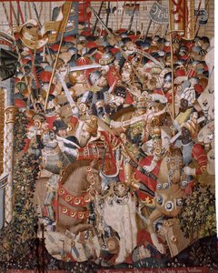 Flamandzki gobelin. Seria Wojna trojańska. Śmierć Achillesa (Muerte de Aquiles). Ósmy gobelin z serii. Mistrz modelu Coëtivy (Henry lub Conrard de Vulcop). Warsztaty produkcji Tournai. Ca 1470. Tkanina Wełna i jedwab, 6/7 osnów na cm. Rozmiar 482 x 942 cm autorstwa Unbekannt