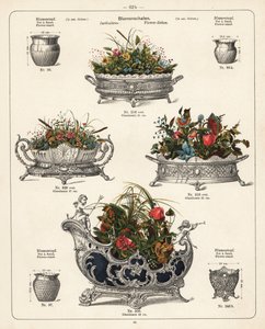Stojaki na kwiaty, naczynia na kwiaty, wazony i żardiniery. Litografia z katalogu wyrobów metalowych produkowanych przez Wuerttemberg Metalware Factory, Geislingen, Niemcy autorstwa Unbekannter Künstler