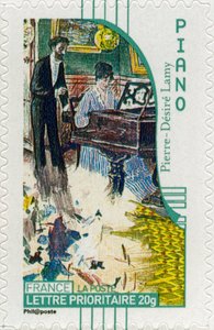 Francuski znaczek pocztowy przedstawiający pianistkę, z obrazu francuskiego artysty Pierre-Désiré Lamy - autorstwa Unbekannt