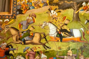 Fresk; Shah Ismail na białym koniu w bitwie pod Taher Abad; 1510; przeciwko Uzbekom w Merwie; Chehel Sotoun; Pałac Czterdziestu Filarów; Isfahan; Iran; Azja autorstwa Unbekannt