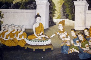 Fresk przedstawiający scenę z życia Buddy w Wat Phra Doi Suthep w Chiang Mai. Budda otrzymujący jałmużnę. Tajlandia autorstwa Unbekannt