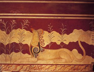 Fresk na ścianie, Sala Tronowa, Pałac Minos, Knossos, Kreta, Grecja autorstwa Benjamin Baud
