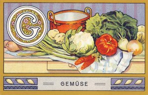 G: warzywo - alfabet palmowy. Seria chromolitografii pod redakcją H. Schlincka i Cie, Hamburg, s. d. . Reklama najlepszego tłuszczu kokosowego firmy Palmin. Wymiary: 7 x 11 cm autorstwa William M. Timlin