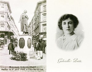 Gabrielle Petit i pomnik wzniesiony na jej cześć w Brukseli, karty pamiątkowe, ok. 1925 (lito) autorstwa Unbekannter Künstler