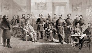 Generał Ulysses S. Grant (siedzi pośrodku po prawej) i generał Robert E. Lee (siedzi pośrodku po lewej) wraz ze swoim personelem w sądzie Appomattox w Wirginii, gdzie generał Lee poddał Armię Północnej Wirginii i tym samym zakończył wojnę secesyjną, autorstwa Unbekannt