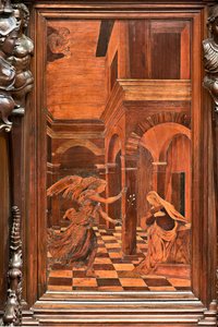 Genua, Duomo (katedra św. Wawrzyńca), wnętrze, prezbiterium, absyda, chór, strona południowa: „Zwiastowanie”, intarsja drewniana Gian Michele De