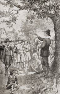 George Fox przemawiający do tłumu w Maryland w Ameryce w 1671 roku podczas czterodniowego spotkania lokalnych kwakrów. George Fox autorstwa Unbekannter Künstler