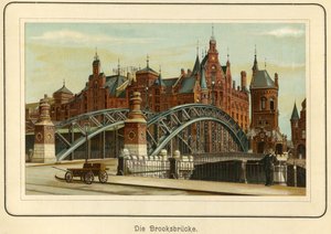 Niemcy, Hamburg, "Brooksbruecke" (most Brooksa) i w tle magazyny portowe, zwane "Speicherstadt", ok. 1890 r. (litografia) autorstwa Unbekannter Künstler