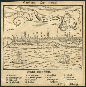 Niemcy, Hamburg, widok na miasto, na pierwszym planie rzeka Łaba, ilustracja z Cosmographia autorstwa Sebastiana Muenstera (Munster), ok. 1570 r. (rycina) autorstwa Unbekannter Künstler