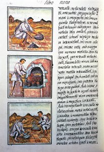 Obróbka złota przez hiszpański, tekst w języku nahuati, z faksymile rękopisu General History of Things of New Spain, znanego również jako Kodeks florencki, autorstwa Bernardino de Sahagun autorstwa Benjamin Baud