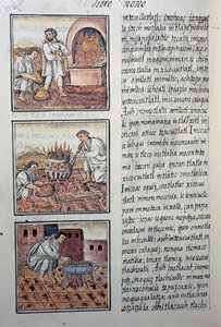 Złota produkcja Hiszpanów, strona z kodeksu florenckiego, dwujęzyczna wersja w języku hiszpańskim i nahuatl, Ogólna historia rzeczy Nowej Hiszpanii, autorstwa hiszpańskiego misjonarza Fray Bernardino de Sahagun. Cywilizacja Azteków autorstwa William M. Timlin