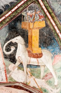 fresk gotycki; Eleazar Awaran zabija słonia bojowego Solimana i zostaje zmiażdżony; 3. Klasztor; Katedra; Brixena; Południowy Tyrol; Włochy; Europa autorstwa Unbekannt