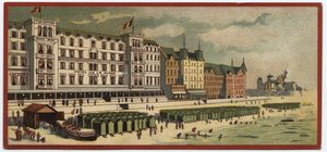 Grand hotele: widok zewnętrzny Hotelu de la Plage w Ostendzie, Belgia - Mapa serii przedstawiającej hotele „Compagnie Internationale des Grands Hotels”, koniec XIX i początek XX wieku autorstwa William M. Timlin