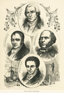 Wielcy inżynierowie i wynalazcy: James Watt, John Ericsson, Robert Fulton, Richard Trevithick, ok. 1880 (zdjęcie czarno-białe) autorstwa Unbekannt