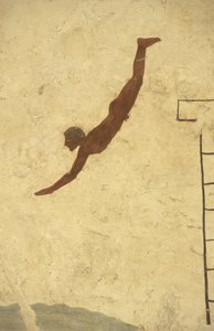 Sztuka grecka: fresk na grobie nurka, Paestum, region Campagnie, Włochy. Tomba del Tuffatore, mural, park archeologiczny Paestum, Kampania, Włochy