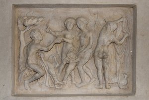 Mitologia grecka: Sąd Paryski. Pasterz Paris musi wybrać najpiękniejszą z trzech bogiń z Afrodyty (Wenus), w towarzystwie Kupidyna, Hery (Junon) i Ateny (Minerwa). Wybiera Afrodytę, której ofiarowuje złote jabłko. Ulga autorstwa Unbekannt
