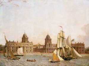 Szpital Greenwich (Anglia), z Isle of Dogs (północny brzeg Tamizy), z nawigacją różnych łodzi na rzece. Olej na płótnie, około 1830-1840 autorstwa Unbekannter Künstler