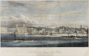 Parowce Greenwich Transport Company (Greenwich, Royal Tar, Gipsy, Water Lily i Fly) przed budynkami molo w Greenwich (Anglia) autorstwa Unbekannter Künstler