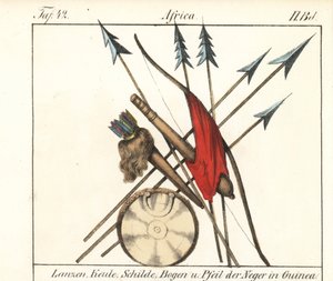 Guinee Conakry broń, włócznie, maczugi, łuk i strzały w kołczanie, tarcza. Litografia do książki: "Galerie complete en tableaux fideles des peuples d