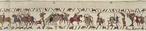 Facet z Ponthieu zabiera Harolda jako więźnia do zamku Beaurain, gobelin z Bayeux (haft z wełny na płótnie) autorstwa Unbekannt