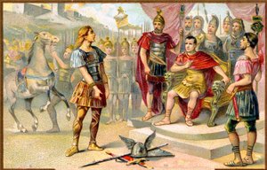 Historia. Starożytny Rzym. Wercyngetoryks (wodz galijskiego plemienia Averni) poddaje się Juliuszowi Cezarowi w Alezji, 52 pne. Obrazy, Francja, ok. autorstwa Unbekannter Künstler