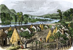 Historia rdzennej ludności: Wioska Mohawk, Nowy Jork, około 1780 roku. Kolorowa rycina z XIX wieku. autorstwa Unbekannter Künstler