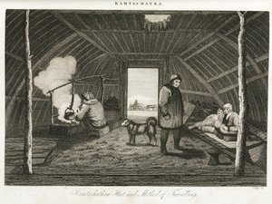 Chata Kamczatka (skrajny wschodni półwysep Rosji) i sanie transportowe, ok. 1810 r. autorstwa Unbekannt