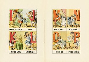 I : imprudence ; J : joie ; K : kiosque ; L : larmes ; M N O P : menage, nÏud, ordre, poissons - Gravure extraite de ABCD des petites filles. Pellerin & Cie, imprimeur-editeur, Epinal , vers 1890. Serie A. Dimensions : 19 x 13,5 cm. autorstwa Unbekannt