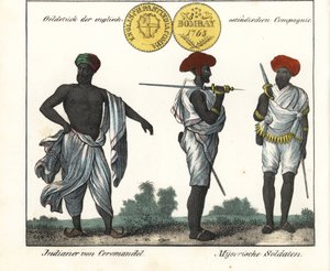 Stroje indyjskie: mężczyzna z wybrzeża Coromandel i dwóch żołnierzy z Mysore (lub Maissour). Ze złotą monetą Kompanii Wschodnioindyjskiej. Litografia do książki: "Galerie complete en tableaux fideles des peuples d