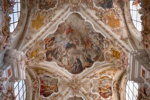Fotografia wnętrza fresków sufitowych, malowanie sufitu, bazylika klasztorna, kościół klasztorny, klasztor kanoników augustianów, klasztor Neustift, także klasztor, Vahrn niedaleko Brixen, Bressanone, Południowy Tyrol, Włochy, Europa (zdjęcie) autorstwa Unbekannter Künstler