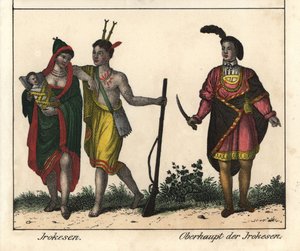 Indianie Irokezi, para z dzieckiem, rewolwerowiec z tatuażem i wódz plemienia. Litografia do książki: "Galerie complete en tableaux fideles des peuples d