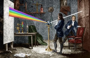 Izaak Newton rozpraszający światło za pomocą szklanego pryzmatu
