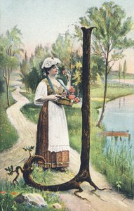 J: Stojąca kobieta w długiej spódnicy, fartuchu i gorsetu niesie kosz kwiatów. Wystrój wiejski - Znaki alfabetu Ref. Th. E., L. Theochrom - Seria 994. Theodor Eisman, wydawca, Lipsk autorstwa Unbekannt