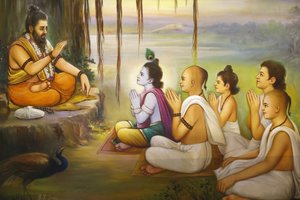 Hinduska świątynia Jalaram Pratna, Leicester. Fresk. Kryszna i wielbiciele słuchający Balaramy. Zjednoczone Królestwo autorstwa Unbekannt