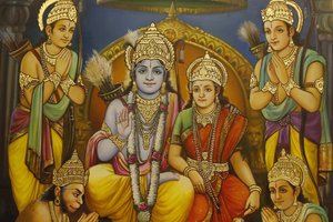 Świątynia hinduska Jalaram Prathanna, Leicester. Fresk. Rama, Sita z Lakszmaną po prawej stronie Ramy i Hanuman klęczący oraz Wielbiciele Wielka Brytania autorstwa Unbekannt