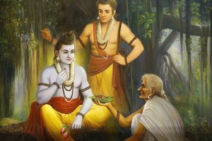Świątynia hinduska Jalaram Prathanna, Leicester. Fresk. Ram Meeting Shabari Ho oferuje jedzenie Ramkendra. Zjednoczone Królestwo autorstwa Unbekannt