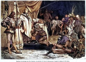 Jean de Bethencourt, normandzki dżentelmen, baron de Saint Martin le Gaillard, podbił i schrystianizował Wyspy Kanaryjskie w styczniu 1405 r., z magazynu „Sur terre et sur mer”” nr 28, 8 stycznia autorstwa Unbekannter Künstler