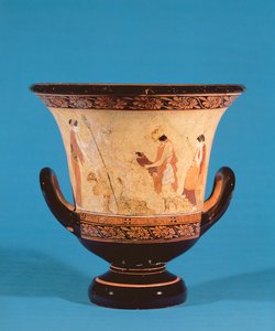 Krater Kalyx przedstawiający Hermesa dostarczającego niemowlę Dionizosa do Nimf, Etruskowie, ok. 460 pne (terakota) autorstwa Unbekannt