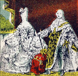Król Francji Ludwik XVI i królowa Maria Antonina. Grawer w „Histoire de France”. Seria grafik reklamowych wydana na zlecenie Louit, 24 rue d