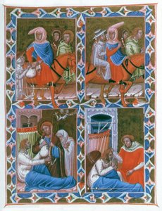 Rycerz z Lyonu do Composteli, zabiera starą kobietę i chorego mężczyznę. Umierającemu rycerzowi ukazuje się Chrystus, a następnie św. autorstwa Unbekannter Künstler