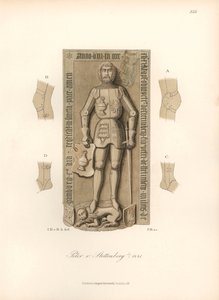 Rycerz w zbroi z XV wieku, z detalami wiązań na kolanach i łokciach - Nagrobek Petera von Stettenberg, zm. 1441 - Chromolitografia, rysunek Jakoba Heinricha von Hefner-Alteneck (1811-1903), do jego książki "Kostiumy, rzemiosła i instrumenty". autorstwa Unbekannter Künstler