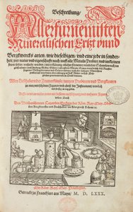 Laboratorium analizy rud, z piecem, instrumentem i narzędziami - Strona tytułowa z Opisu rud i głównych metod wydobycia, Lazarus Ecker - Alchemia i wczesna chemia Strona tytułowa z książki o metalurgii autorstwa Unbekannt