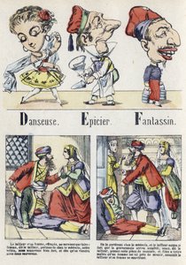 Litera D, E i F: tancerz, sklep spożywczy i piechota. Alfabet wschodniej opowieści. Obraz Epinal, około 1890. Popularny serial. Mała broszura 8 stron. Wymiary: 205x150mm. Matrycowane drzeworyty na temat metier autorstwa Unbekannt